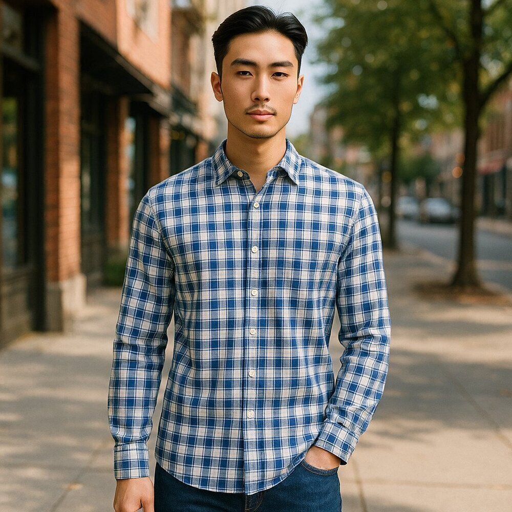 GAP Mens Plaid Shirt Slim Fit Vintage Wash Cotton Poplin Blue Plaid Button Shirt